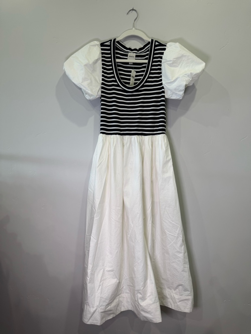 Maeve Puff-Sleeve Striped Poplin Midi Dress Navy and White - Picture 2 of 4